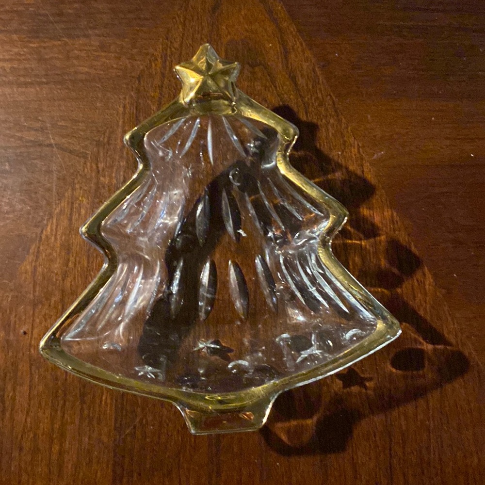 Crystal Christmas tree candy dish bowl with 14 karat gold painted trim